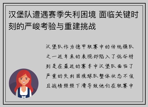 汉堡队遭遇赛季失利困境 面临关键时刻的严峻考验与重建挑战