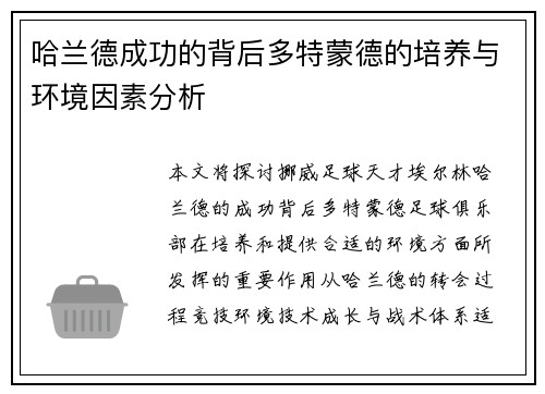 哈兰德成功的背后多特蒙德的培养与环境因素分析