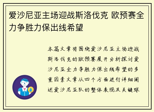 爱沙尼亚主场迎战斯洛伐克 欧预赛全力争胜力保出线希望