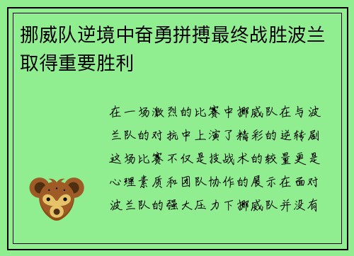 挪威队逆境中奋勇拼搏最终战胜波兰取得重要胜利