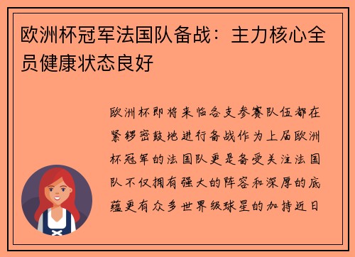 欧洲杯冠军法国队备战：主力核心全员健康状态良好