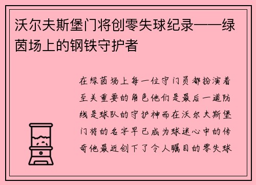 沃尔夫斯堡门将创零失球纪录——绿茵场上的钢铁守护者