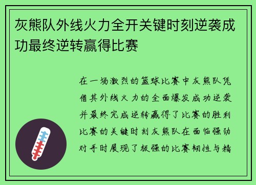 灰熊队外线火力全开关键时刻逆袭成功最终逆转赢得比赛