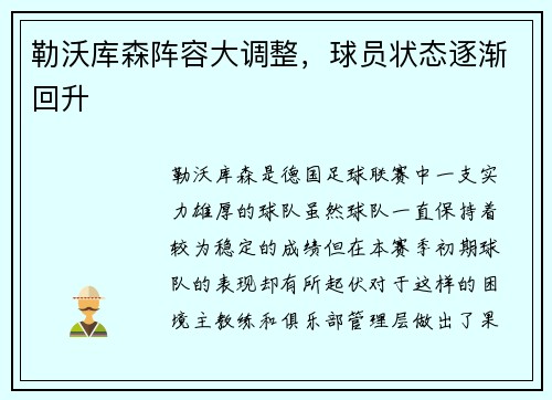 勒沃库森阵容大调整，球员状态逐渐回升