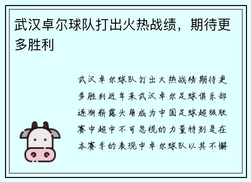 武汉卓尔球队打出火热战绩，期待更多胜利