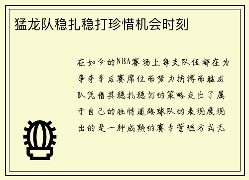 猛龙队稳扎稳打珍惜机会时刻