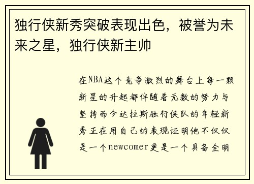 独行侠新秀突破表现出色，被誉为未来之星，独行侠新主帅