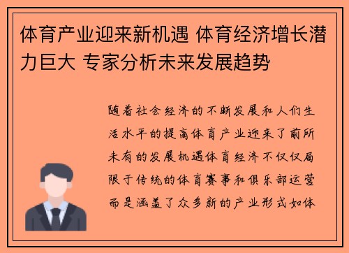 体育产业迎来新机遇 体育经济增长潜力巨大 专家分析未来发展趋势