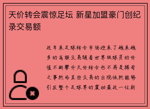 天价转会震惊足坛 新星加盟豪门创纪录交易额