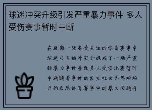 球迷冲突升级引发严重暴力事件 多人受伤赛事暂时中断
