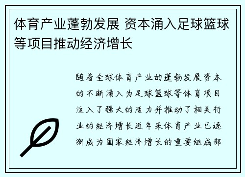 体育产业蓬勃发展 资本涌入足球篮球等项目推动经济增长